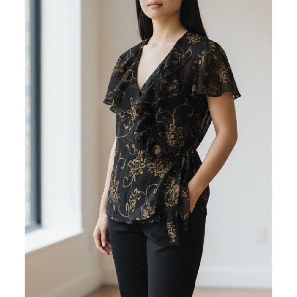 Lauren Ralph Lauren Black Chiffon Gold Floral Print Wrap Top Size 12